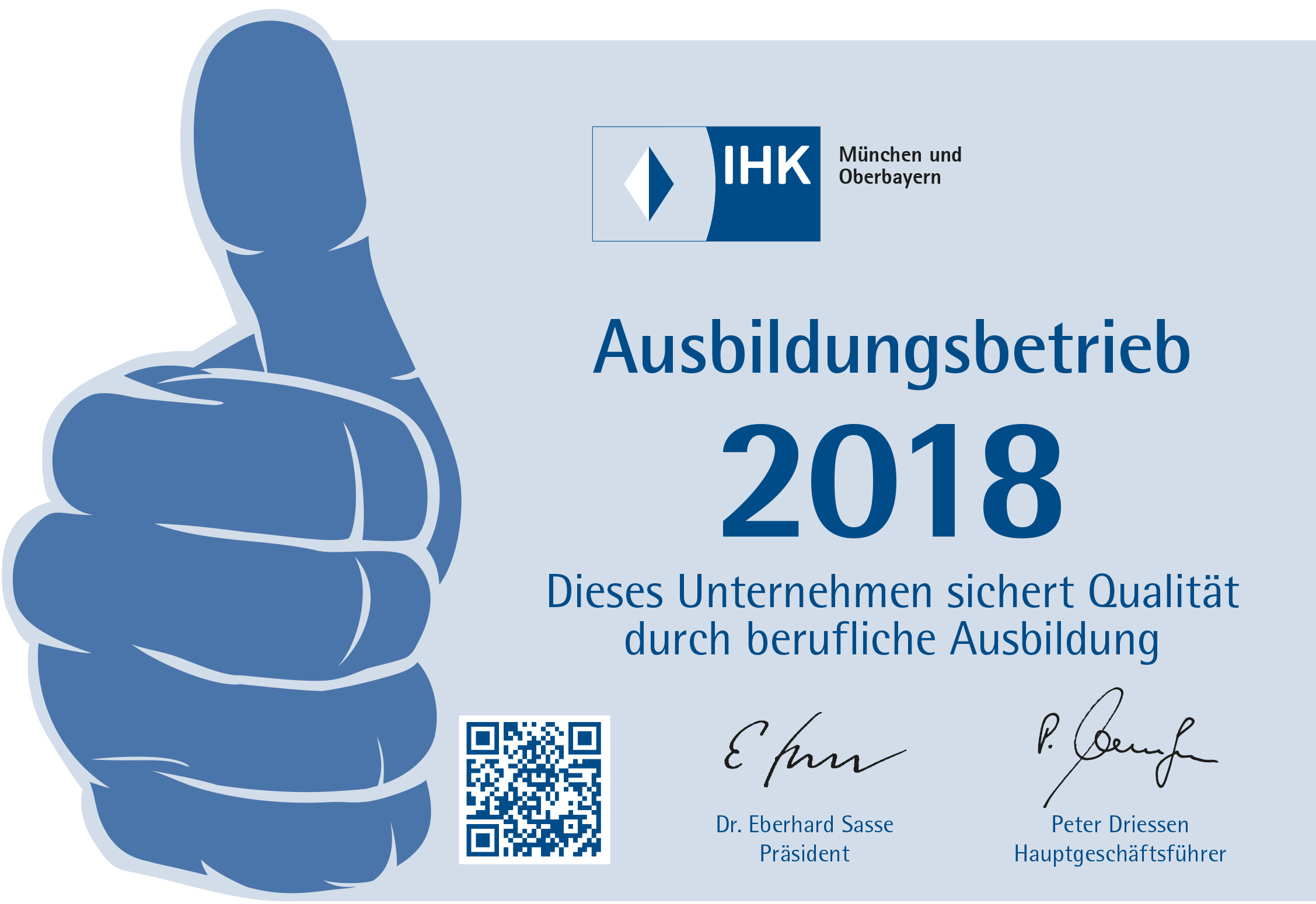 IHK Ausbildungsbetrieb 2018 Daumen nach oben