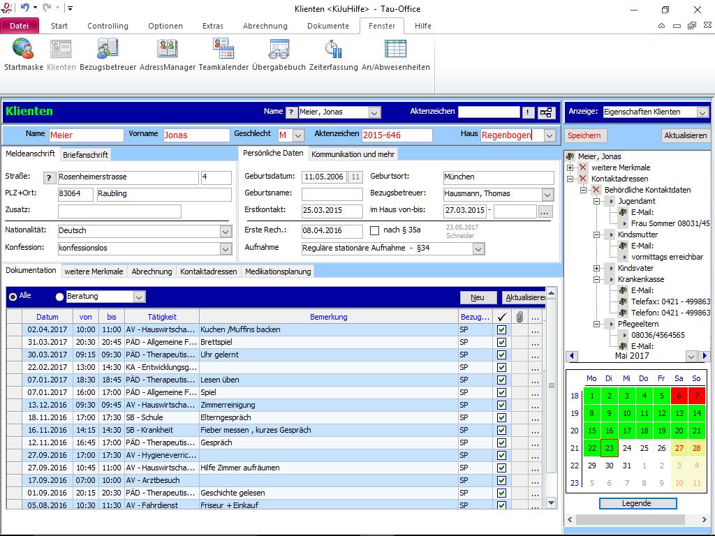 Elektronische Akte mit Stammdaten der Klienten in der sozialen Software Fachlösung Tau-Office