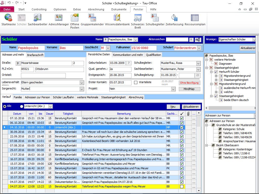 Stammdaten Schüler mit Verlauf Tau-Office Schulbegleitung