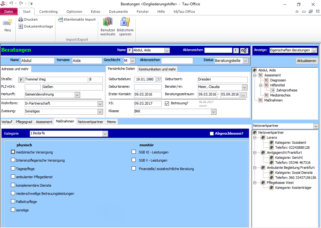 Beratungen mit Maßnahmen in Tau-Office Software zur Eingliederungshilfe