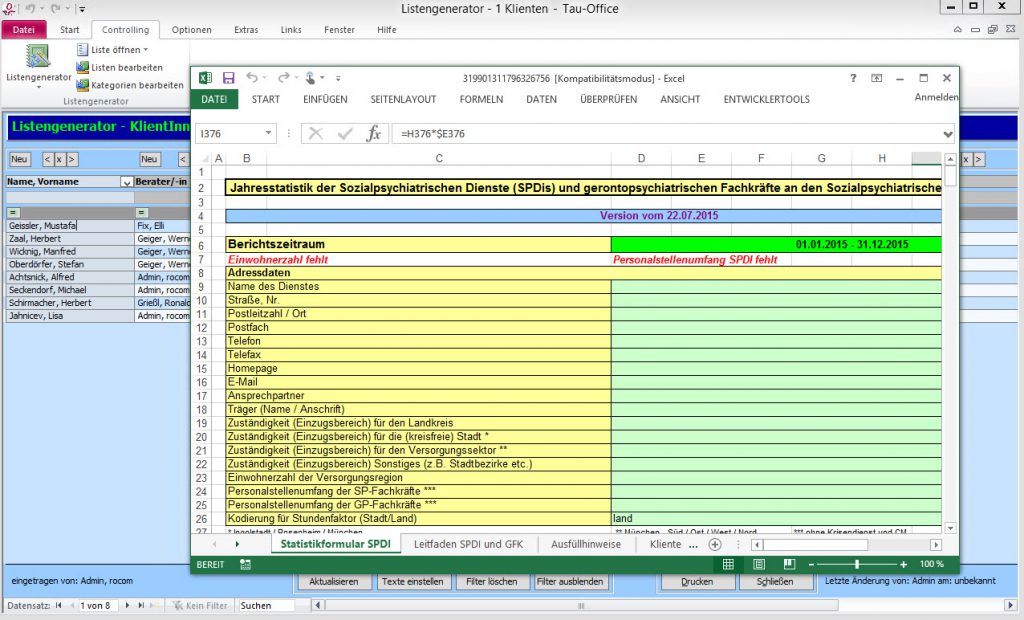 Statistik aus der Software Tau-Office SpDi für den Sozialpsychiatrischen Dienst