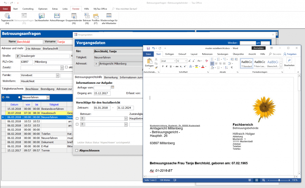 Vorgangsdaten mit Musterbrief Tau-Office BetreuungsManager