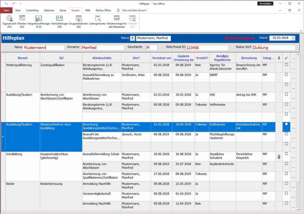 Screenshot eines Hilfeplans in dre Software Tau-Office ambulante Hilfen