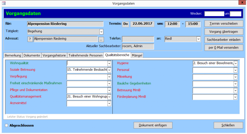 Maske aus der Software Tau-Office Heimaufsicht