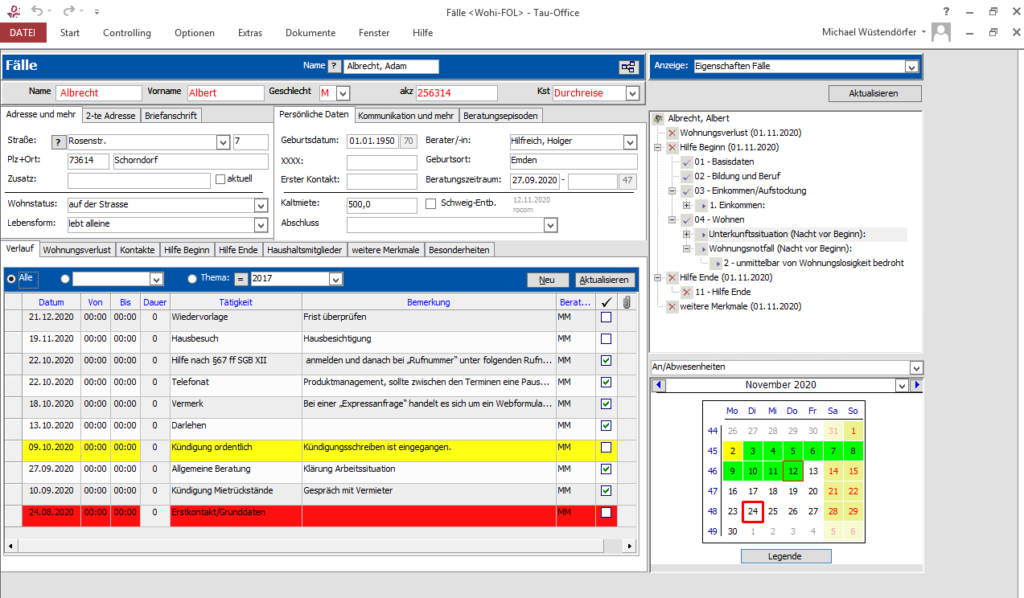 Screenshot Software Tau-Office Wohnungslosenhilfe