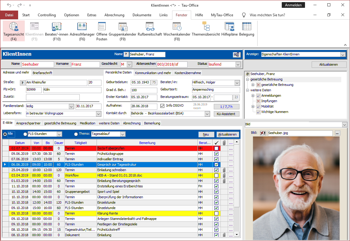 Screenshot aus Tau-Pffice, der Software für den Sozialen Bereich, Ämter und Behörden